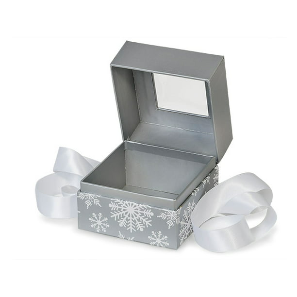 6 Silver Snowflakes Square hinged boxes w White Ribbon Christmas Holiday Gifts